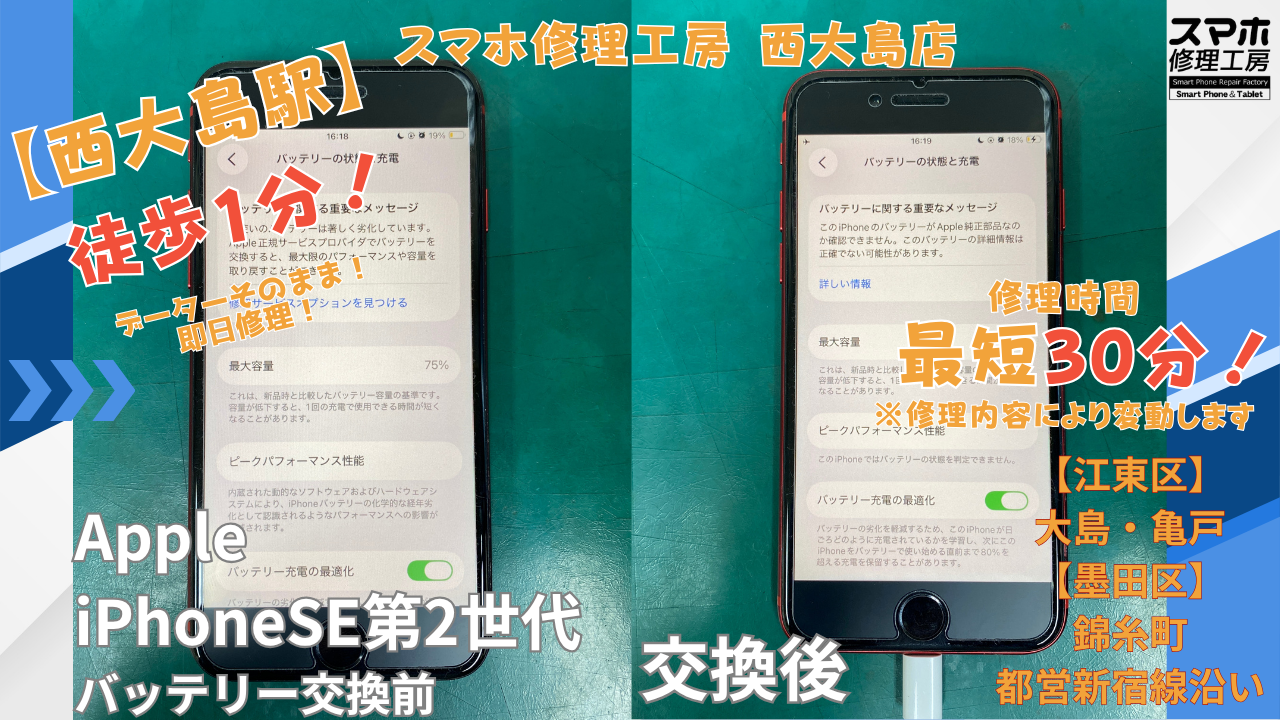 iPhoneSE第2世代｜バッテリー交換 | 江東区大島・錦糸町付近でデーターそのまま修理ならスマホ修理工房 西大島店